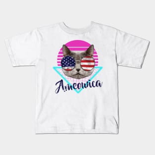 Ameowica Cat Sunglasses triangle with text Blue Kids T-Shirt